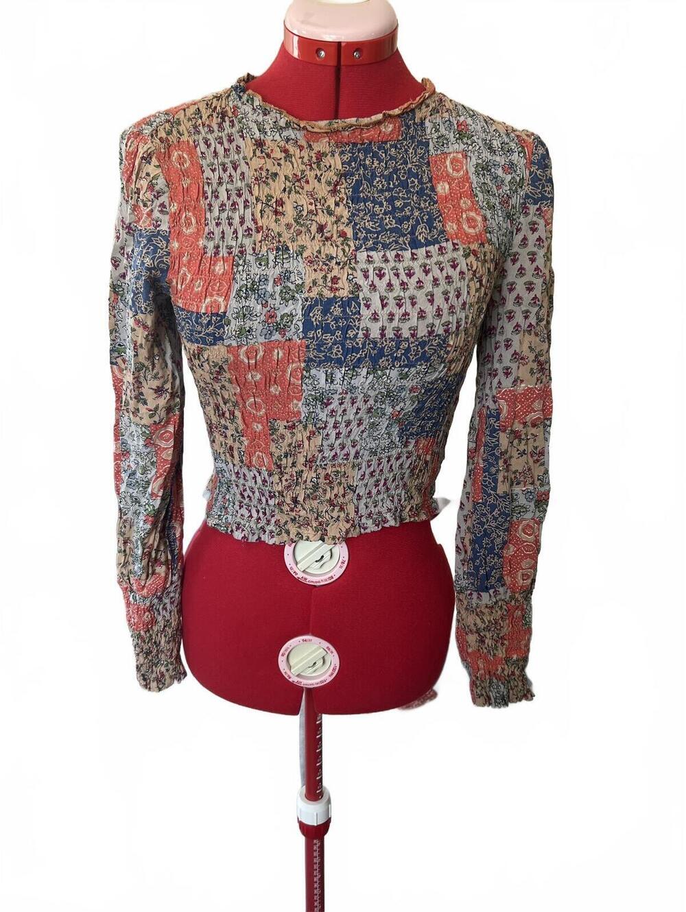 VTG Style Patchwork Floral Cropped Smocked Long Sleeve Top w/ Gathered Wrist
